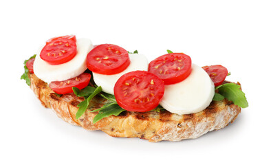 Delicious sandwich with mozzarella cheese, tomato and arugula isolated on white