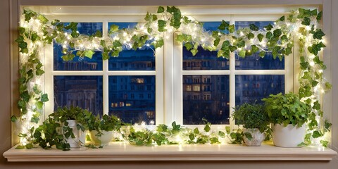 Fototapeta premium Cozy window adorned with lush green ivy and twinkling fairy lights, creating a warm ambiance in a modern interior setting during twilight hours