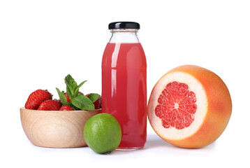 Tasty juice in glass bottle, fresh fruits and strawberries isolated on white