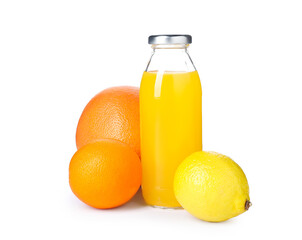 Tasty juice in glass bottle and fresh fruits isolated on white