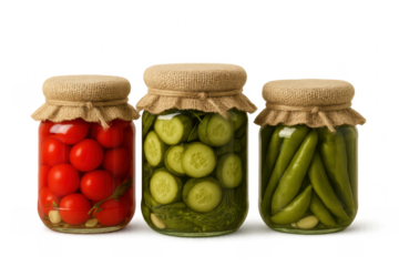 Glass jars containing pickled tomatoes, cucumbers and peppers on transparent background