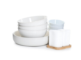 Set of different clean dishware isolated on white