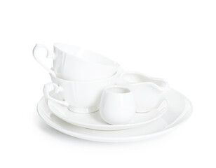 Many different clean dishware isolated on white