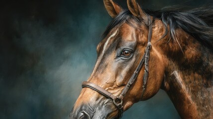 Majestic brown horse with a detailed bridle stands against a soft, dark backdrop, showcasing its grace and beauty in soft lighting