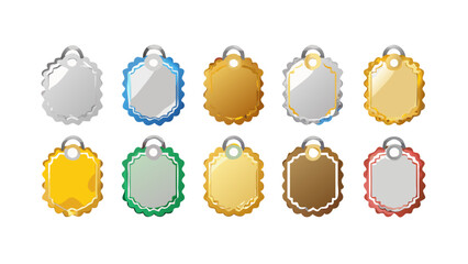 Collection of ten colorful ornate price tags with metal rings in various metallic shades and hues