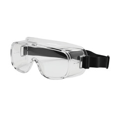 A single pair of transparent industrial safety goggles with sturdy frame and elastic head strap, clear polycarbonate, isolated on a transparent background with shadowless lighting, high contrast,