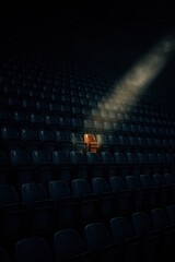 Naklejka premium Solitary spotlight on orange seat in dimly lit theater auditorium