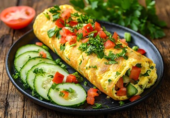 Photo of rolled omelet with colorful vegetables and herbs, served with fresh cucumber slices for breakfast
