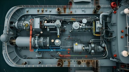 An overhead view of a ships deck illustrating the placement of mechanical equipment including pumps generators and ballast systems all interconnected by colorcoded piping and electrical