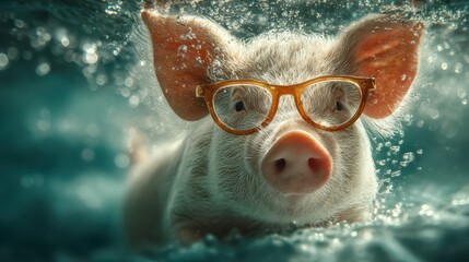 Fun-loving pig swims underwater wearing stylish glasses, showcasing its playful nature and unique personality