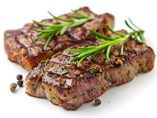 Premium studio shot showing Delicious cooked steak with rosemary and spices ready for consumption isolated on transparent background, studio product photo on a clean white background, isolated, pin sh