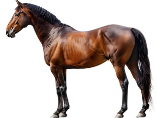 Clean macro photograph featuring Beautiful brown horse standing gracefully equine animal equestrian art isolated on transparent background, studio product photo on a clean white background, isolated