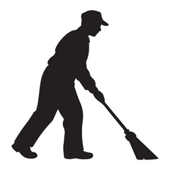Silhouette of a man wearing a cap sweeping with a broom cleaning