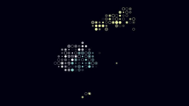Fiji map animation. Shape of the country with pulsating colored dots. Large size circle blocks. Digital style Fiji map on dark background. Vibrant video.