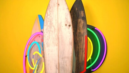 Colorful surfboards and neon lights against a vibrant yellow background.