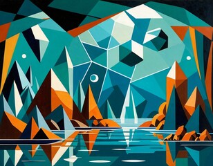Geometric Abstract Representation of a Vibrant Waterfall Cascade in Modern Art Style