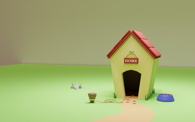 Cartoon-style doghouse with leash and food bowl on a green lawn