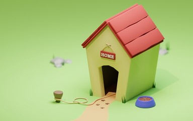 Cartoon-style doghouse with leash and food bowl on a green lawn