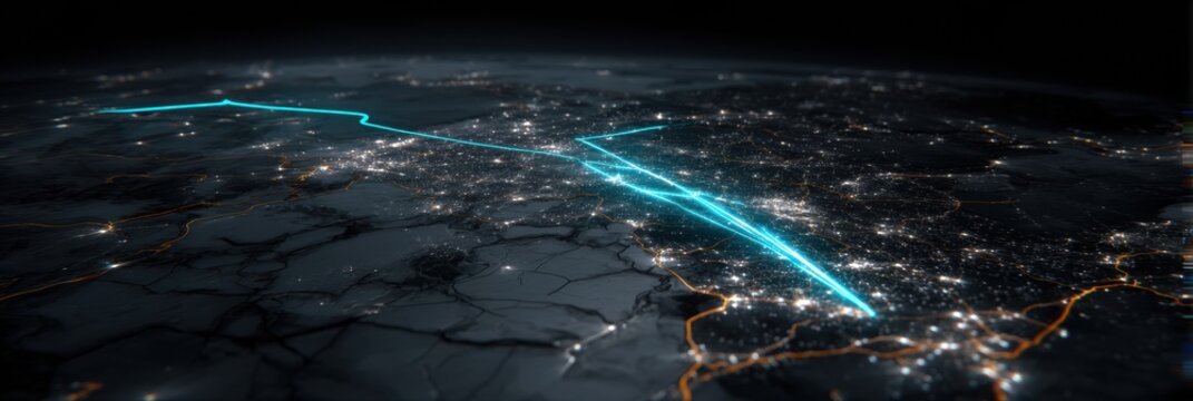 Visual Representation of Illuminated Cityscapes Connected by Blue Lines at Night Showcasing Urban Growth and Technology