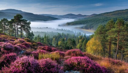 Misty valley view from a hill covered in pink heather and tall pine trees, scenic vista