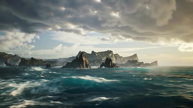 Dry land rising from the depths of a turbulent ocean, with rugged rocky terrain forming from chaotic waves, generating an apocalyptic yet divine imagery, where the dark blue
