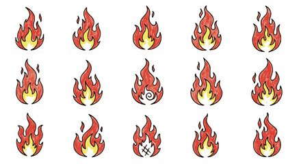 Collection of vibrant flame icons in various styles showcases fire elements and energy symbols