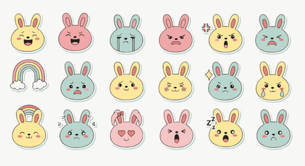 Adorable rabbit emoji stickers with various expressions showcase cute kawaii-style character emotions