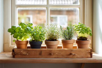 Fresh herbs growing in pots on sunny windowsill create a cozy kitchen garden, perfect for culinary inspiration and healthy living
