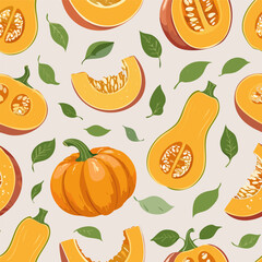 Hand-drawn vintage style illustration of butternut squash with seeds and green leaves. Minimal retro design, muted colors, perfect for food, farming, and organic themed projects