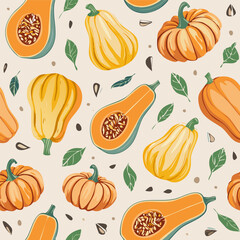 Hand-drawn vintage style illustration of butternut squash with seeds and green leaves. Minimal retro design, muted colors, perfect for food, farming, and organic themed projects