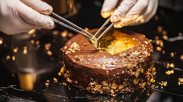 Gold leaf application process on glossy chocolate dessert surface using precision tweezers by chef wearing white gloves in upscale culinary environment