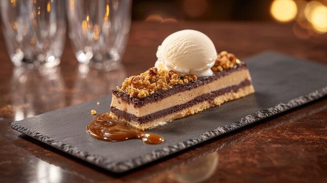 Hazelnut praline detail displayed in sophisticated layered chocolate dessert with vanilla ice cream and crushed praline garnish at fine dining restaurant