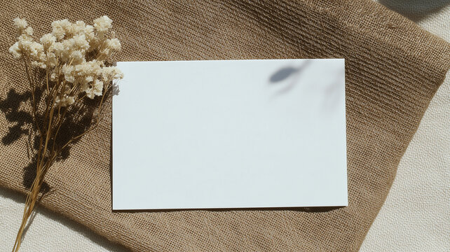 Elegant boho invitation card mockup on natural textured surface with dried flowers