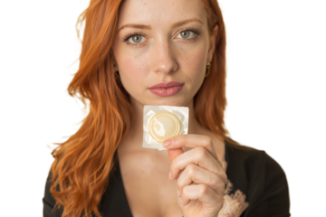 Sexy seductive redhead freckled woman holding a condom wrapper, copy space, pastel cream color background, close up. Safe sex protection contraceptive, sexual health, intimate adult games, forepla PNG