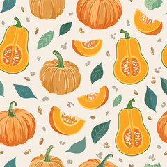 Hand-drawn vintage style illustration of butternut squash with seeds and green leaves. Minimal retro design, muted colors, perfect for food, farming, and organic themed projects