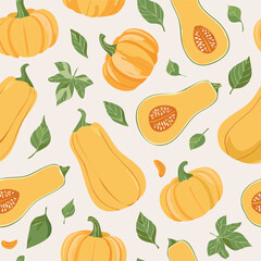 Hand-drawn vintage style illustration of butternut squash with seeds and green leaves. Minimal retro design, muted colors, perfect for food, farming, and organic themed projects