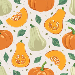 Hand-drawn vintage style illustration of butternut squash with seeds and green leaves. Minimal retro design, muted colors, perfect for food, farming, and organic themed projects