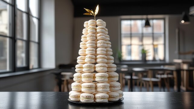 French macaron tower conical arrangement of premium cream macarons topped with golden leaf decoration in upscale dining establishment