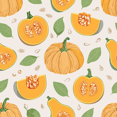 Hand-drawn vintage style illustration of butternut squash with seeds and green leaves. Minimal retro design, muted colors, perfect for food, farming, and organic themed projects
