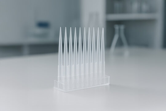 Transparent pipette tips neatly arranged in a plastic rack on a laboratory table with blurred lab equipment in the background.