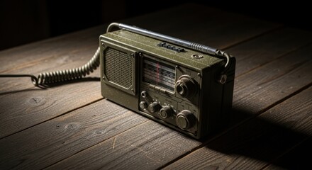Fototapeta premium Military radio receiver on a rustic wooden table in a dimly lit setting. Old communication device for war and tactical use.