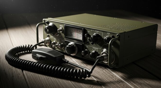 Military radio with microphone. Retro communication device for war and dispatch. Vintage army transceiver on wood for tactical concept.