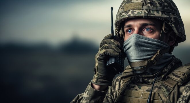 Male soldier with blue eyes looks forward, wearing camouflage uniform and balaclava, holding a radio. Military communication for war concept.