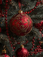 Photo of a beautifully decorated Christmas tree adorned with golden baubles, red ribbons, and warm lights