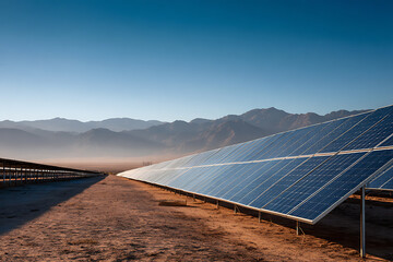 Vibrant solar panel array powering a sustainable future with mountain backdrop, ideal for clean energy campaigns and eco-conscious initiatives