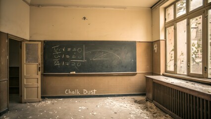 Abandoned classroom with chalkboard and dusty window