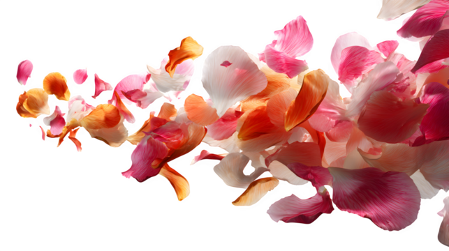 Gentle cascade of vibrant flower petals drifting on a soft breeze, creating a feeling of romance and natural beauty.