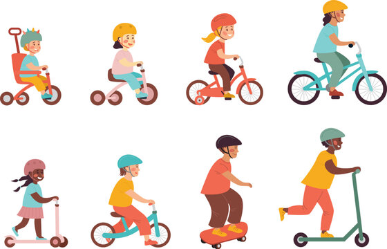 Kids riding bicycles, scooters, skateboard, balance bike, child transport illustration.