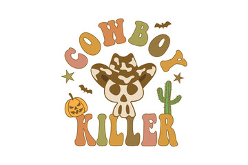 Cowboy Killer, Spooky Skull with Hat and Pumpkin Western Halloween T Shirt  Sublimation Design