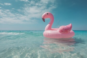 Naklejka premium Pink Flamingo Float on Turquoise Sea